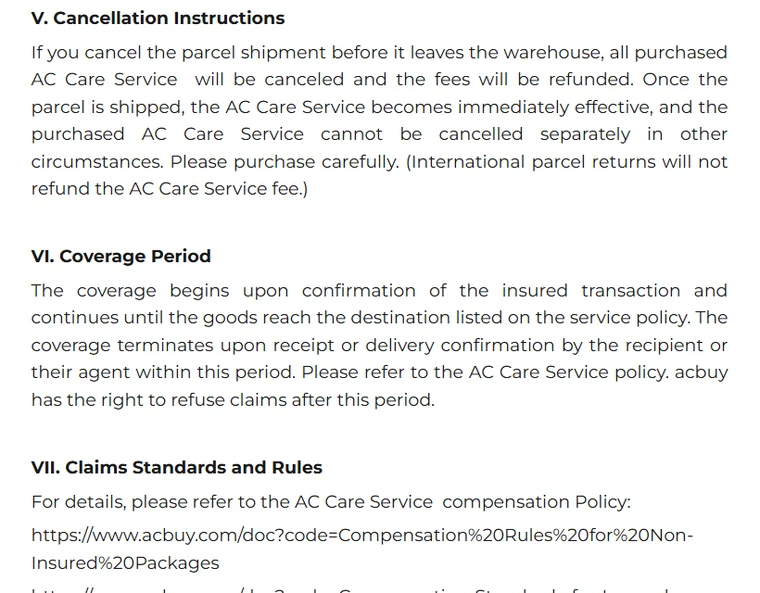 ACBuy AC Care article, sections V to VII: cancellation before the parcel leaves the warehouse is refunded; international returns do not refund the fee; coverage period