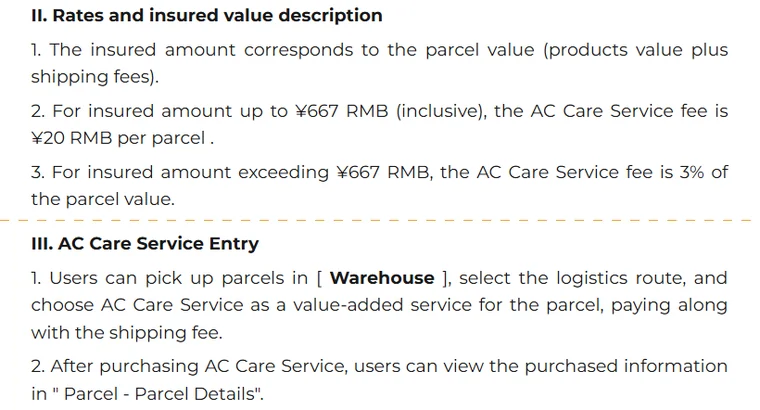 ACBuy AC Care article: insured amount is products plus shipping, 20 RMB per parcel up to 667 RMB, 3 percent above; chosen on the route screen and paid with the shipping fee