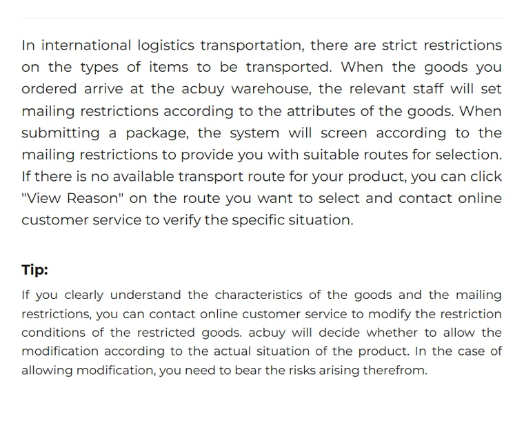 ACBuy doc-centre text: staff set mailing restrictions when goods arrive; routes are screened; click View Reason and contact customer service
