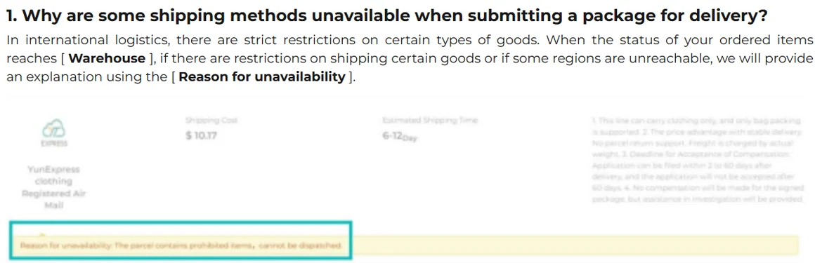 ACBuy Shipping Restrictions Q&A: a route card with a yellow strip reading Reason for unavailability, the parcel contains prohibited items and cannot be dispatched