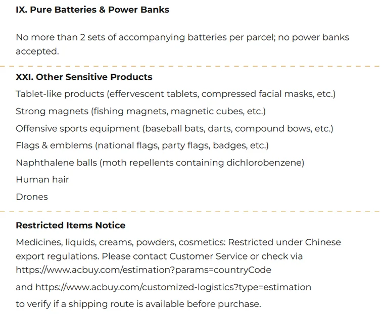 ACBuy restricted-items text: no more than two sets of accompanying batteries per parcel and no power banks, other sensitive products including strong magnets, and a notice to check routes before purchase