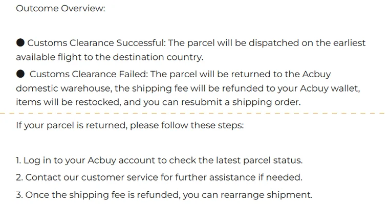 ACBuy doc-centre Outcome Overview and closing steps: clearance failed means return to the warehouse, fee to wallet, items restocked; log in, contact customer service, rearrange shipment once refunded
