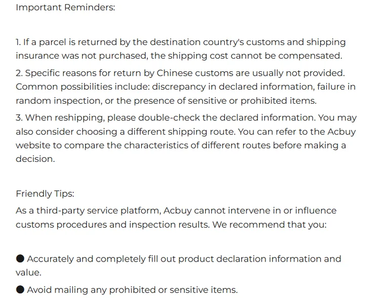 ACBuy doc-centre text, Important Reminders and Friendly Tips: reasons usually not provided, double-check declared information when reshipping, ACBuy cannot intervene in customs procedures