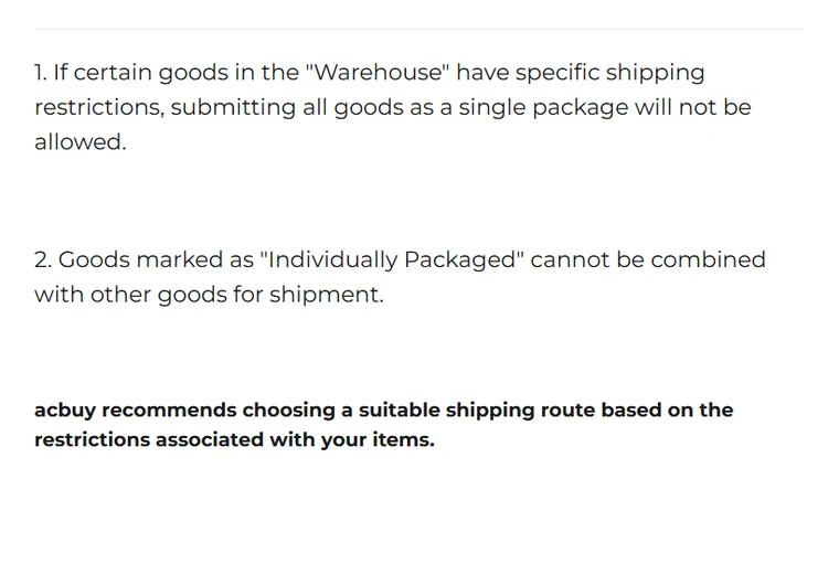 ACBuy doc-centre text: goods with shipping restrictions block submitting everything as one package; Individually Packaged goods cannot be combined