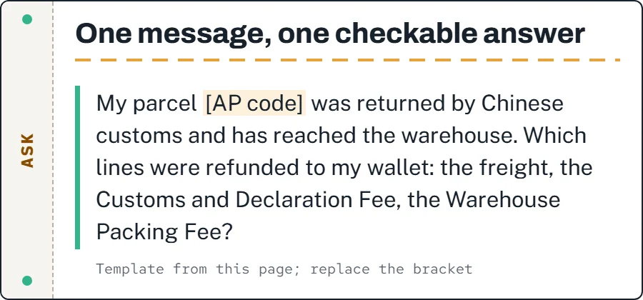 Chat message template with placeholders for the parcel AP code and dates, asking which quote lines were refunded