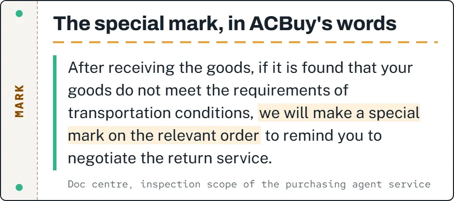 Quoted ACBuy inspection-scope tip: goods that do not meet transportation conditions get a special mark to remind you to negotiate a return