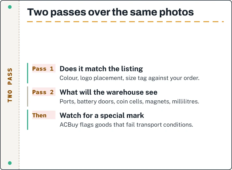 Two-stage QC check: first match the listing (colour, logo, size tag), then look for battery doors, charging ports, magnets and liquid volumes