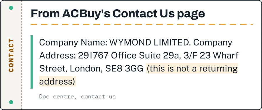 Quoted ACBuy Contact Us text naming WYMOND LIMITED and stating the London address is not a returning address