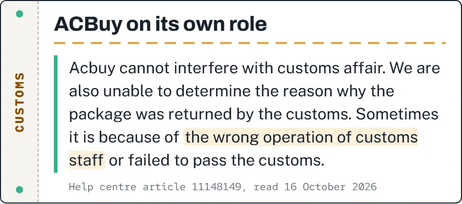 Quoted ACBuy help-centre sentence: Acbuy cannot interfere with customs affair and cannot determine why the package was returned