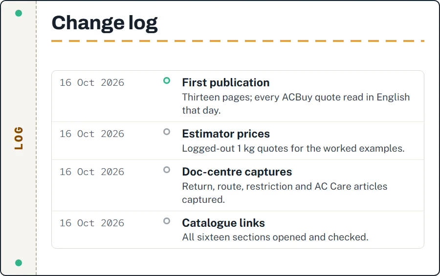 Change log entries for 16 October 2026: first publication, estimator prices, doc-centre captures, catalogue links checked
