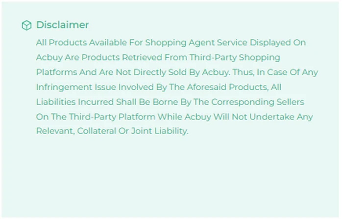 ACBuy DIY order page disclaimer card: products are from third-party platforms and acbuy does not take liability for intellectual property infringement
