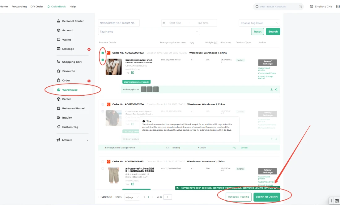 Select warehouse items and use Submit for Delivery.